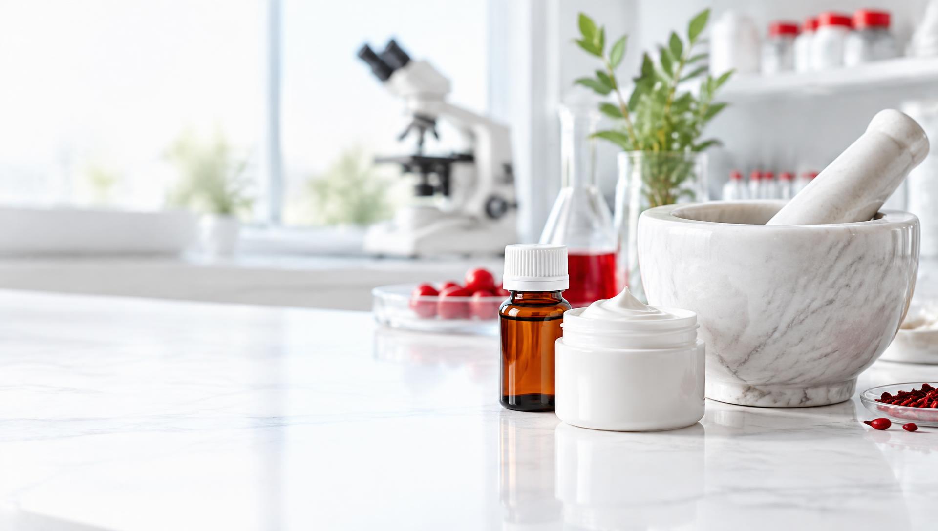 Mortero de mármol y envase de crema magistral sobre un mesón de farmacia